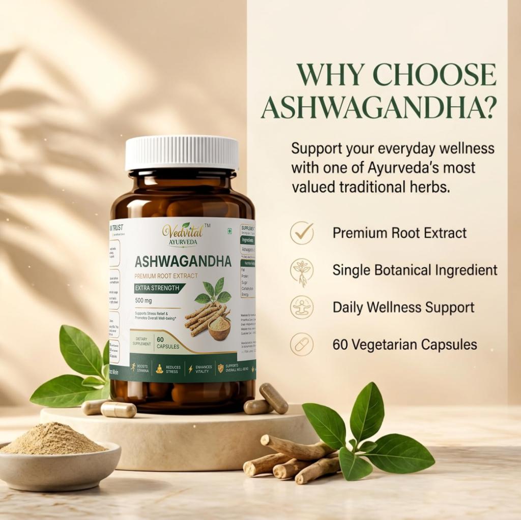 VedVital Ayurveda Ashwagandha Root Extract Capsules | Withania Somnifera Root Extract | Herbal Supplement | Supports Strength, Stamina, Energy, Sle