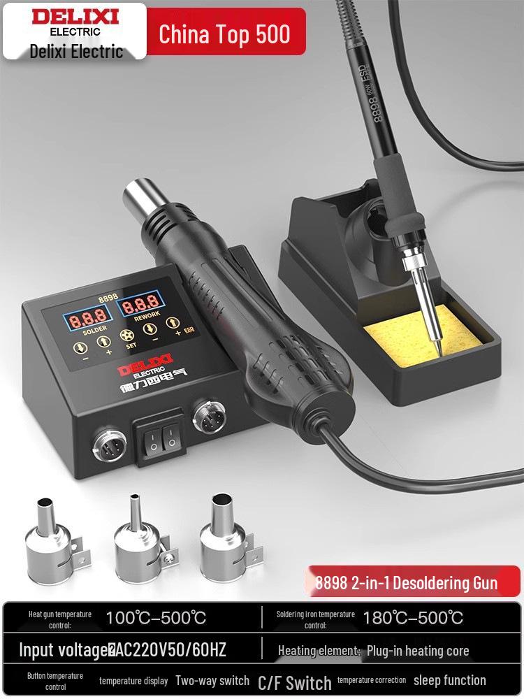 Delixi Electric 2-in-1 Soldering and Desoldering Station with Hot Air Gun and Worktable