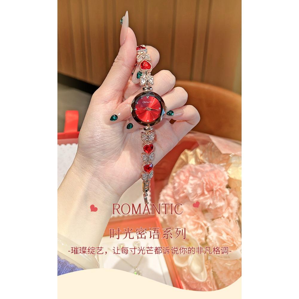Cimiu Kiai Montre à Quartz Ronde Facettée pour Dames Bracelet Cœur Strassé Nœud Cristal Incrusté Élégante Montre-Bracelet de Soirée de Luxe Cadeau pour Femmes