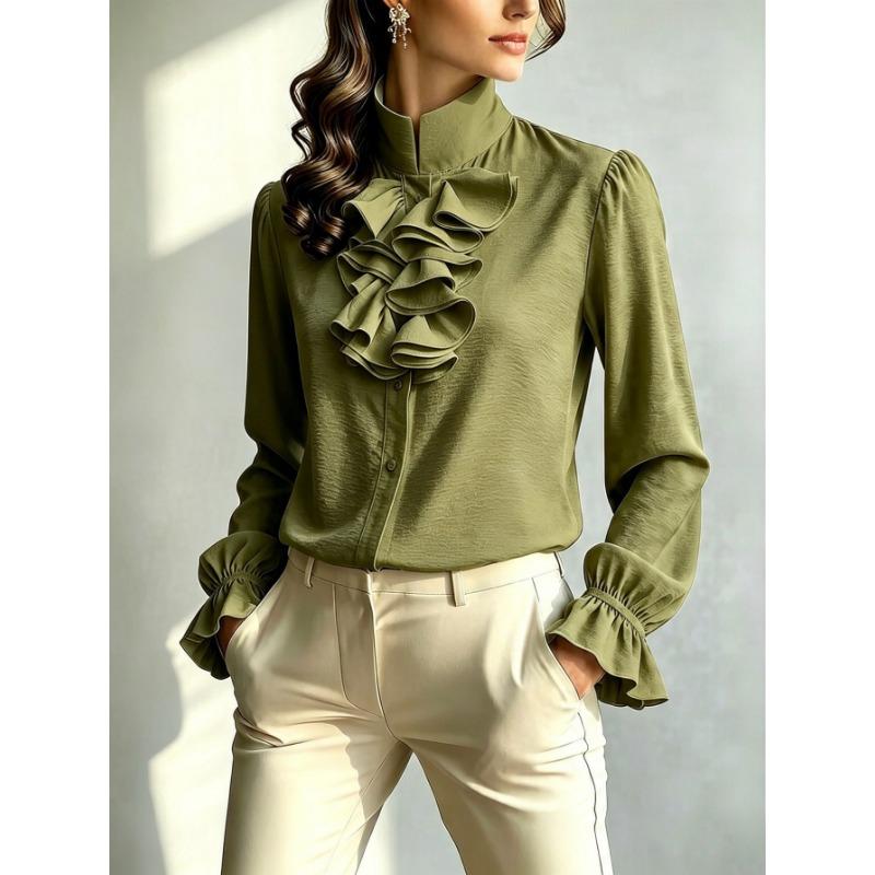 Women S Stand Collar Long Sleeve Solid Polyester Shirt Elegant Commuter Style