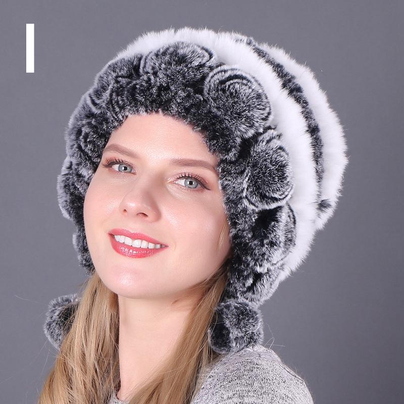 1PCS Fashion Rex Rabbit Fur Hat Fur Ball Beanies Earmuffs Hat Warm Caps Autumn and Winter Women's Comfortable