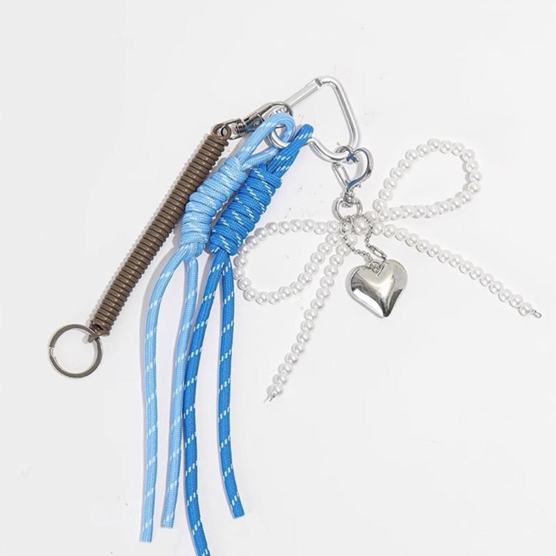 Pearls Bowknot Keychain with Woven Lanyard Colorful Keyring Accessory Fashionable Bag Charm for Women and Girls