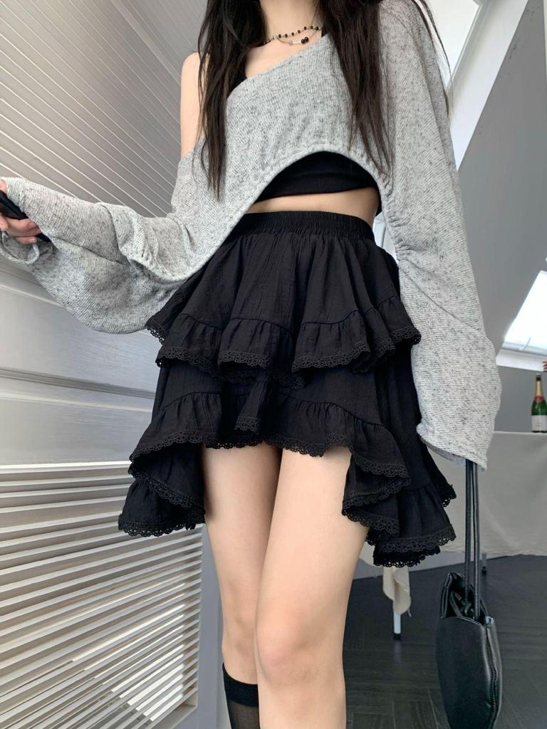 Gonna Mini Dolce Trendy Coreana Monocolore con Bordino in Pizzo e Vita Elastica