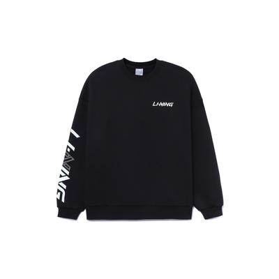 Li Ning Sports Life Collection Logo Print Crew Neck Fleece Lined Thermal Long Sleeved Sweatshirt Unisex Black AWDT607-3