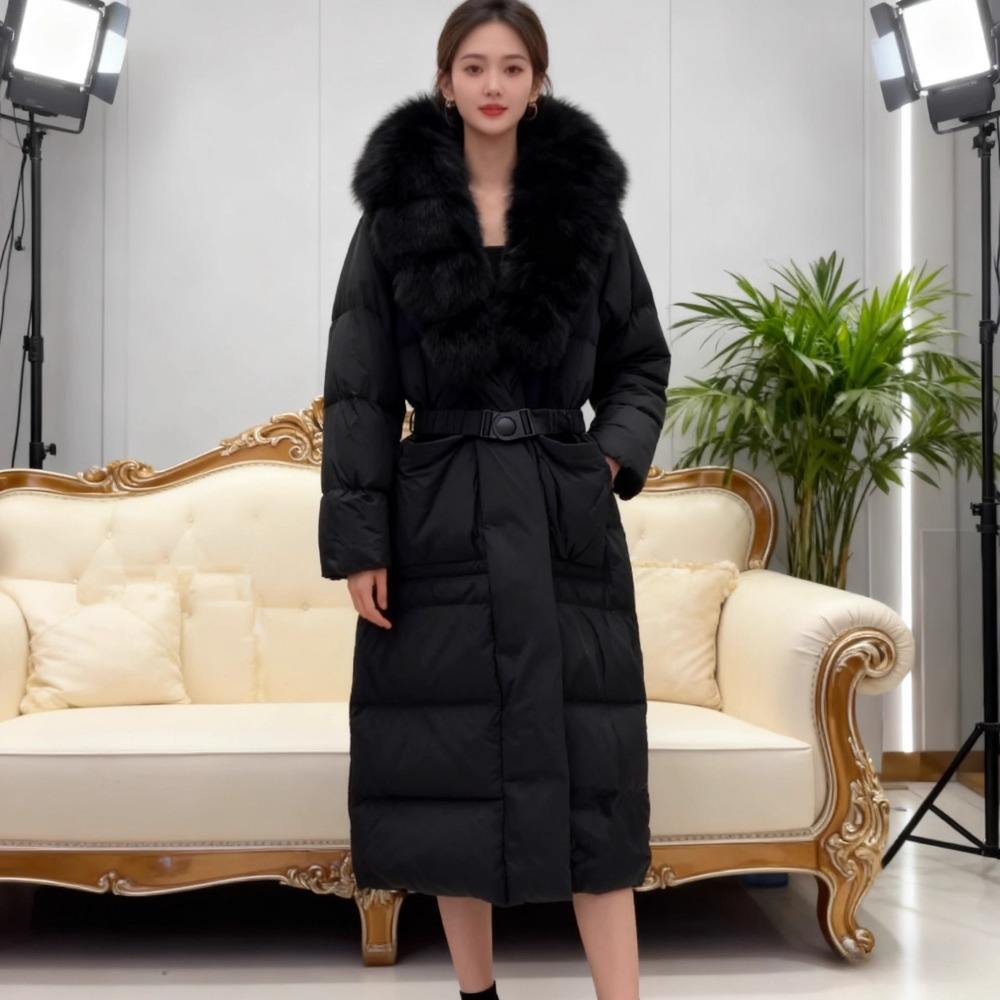Winter New Natural Fox Fur Collar Waist Lengthened Down Jacket Women's Knee Thickened Warm and Thin Jacket