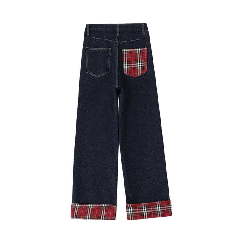 Women's Retro Plaid Patchwork Wide-Leg Jeans - High Street Trend, Loose Fit