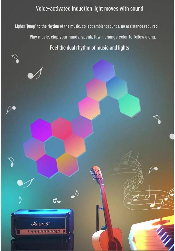 Hexagonal Smart Atmosphere Lamp: Bedside, Wall, E-Sports, Sound-Reactive, Colorful Honeycomb Rhythm Lighting.
