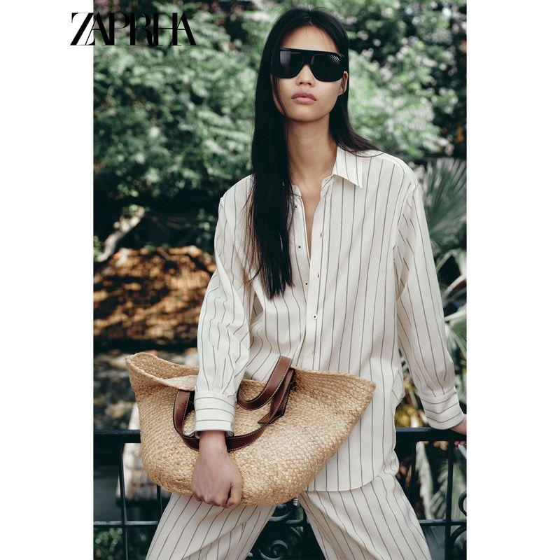 Zaprha 2025 Summer New Women clothes Casual All-matching Stripe Lapel Loose Long sleeve Shirts 3320160