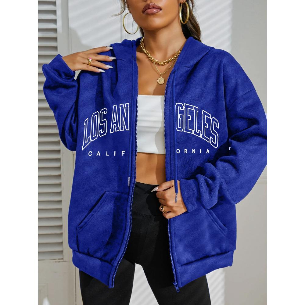 Los Angeles Art Letter Women Zipper Hoodies Hip Hop Fleece Streetwear Comfortable Female Clothes Sportswear
