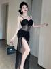 Heißes Mädchen Sexy trägerloses Netz-Abendkleid mit hohem Schlitz