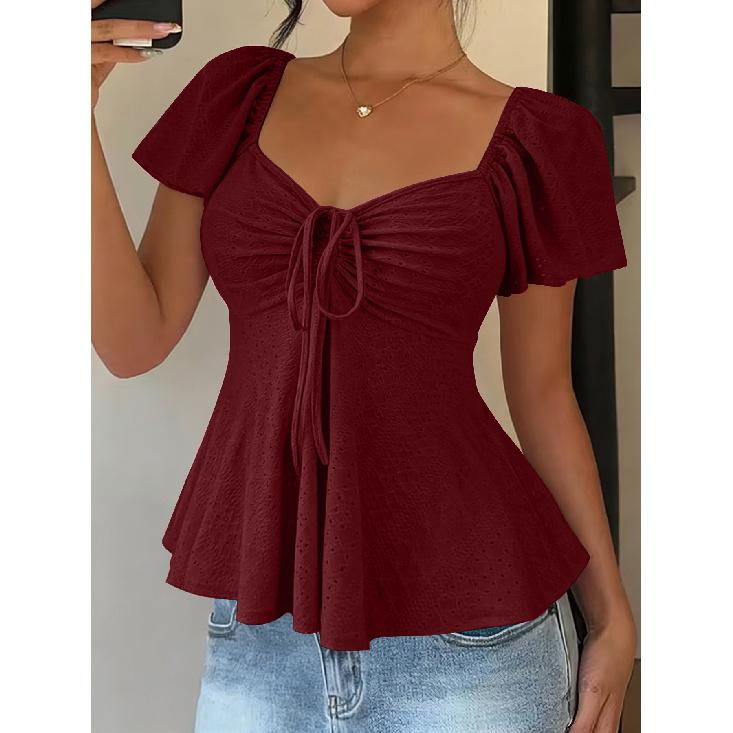 2026 Summer New V-neck Drawstring Tie Sexy Short Sleeve Solid Color Women's T-shirt