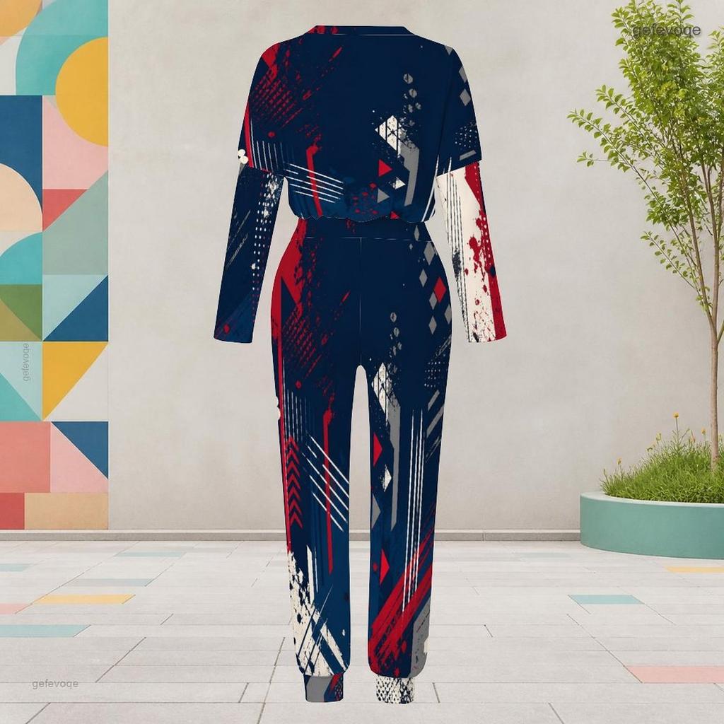 Women Plus Size Printed Round Neck Long Sleeve Cuffed Top And Cuffed Pants Two Piece Set With Pockets