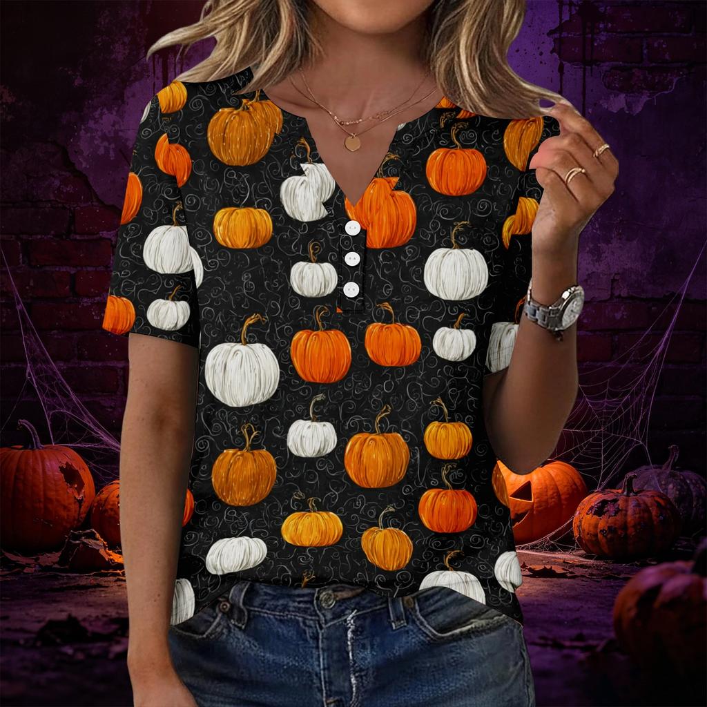 Women V Neck Short Sleeve T Shirt with Decorative Buttons Halloween Pumpkin Printed Casual Loose Fit Top for Daily Wear