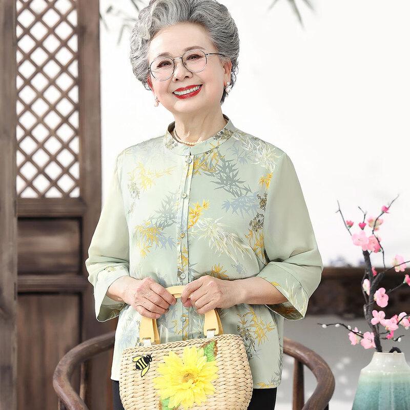 Mid-Aged & Elderly Women's Summer Thin Stand Collar Shirt Set