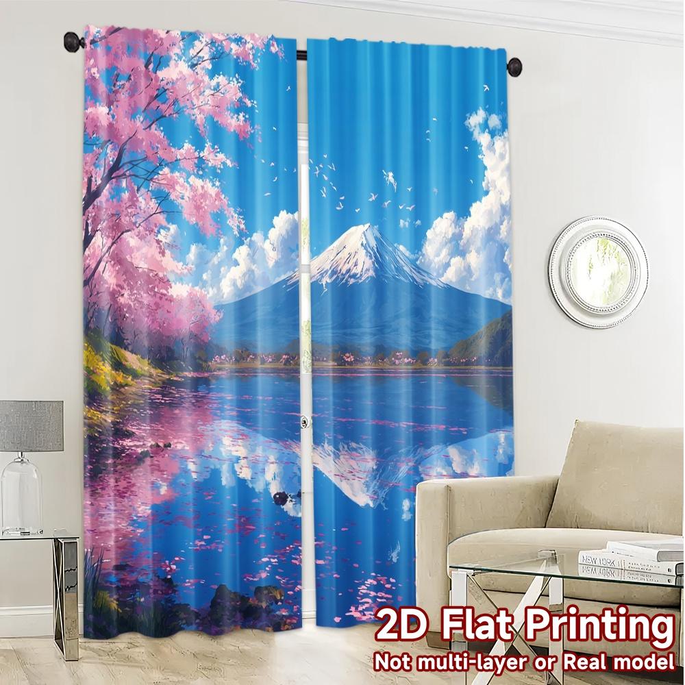 2pcs   2D FLAT PRINTING Curtains (Without Rod) Sakura Reflection Pattern Modern Curtains Fabric Curtains Holiday Use for Bedroom