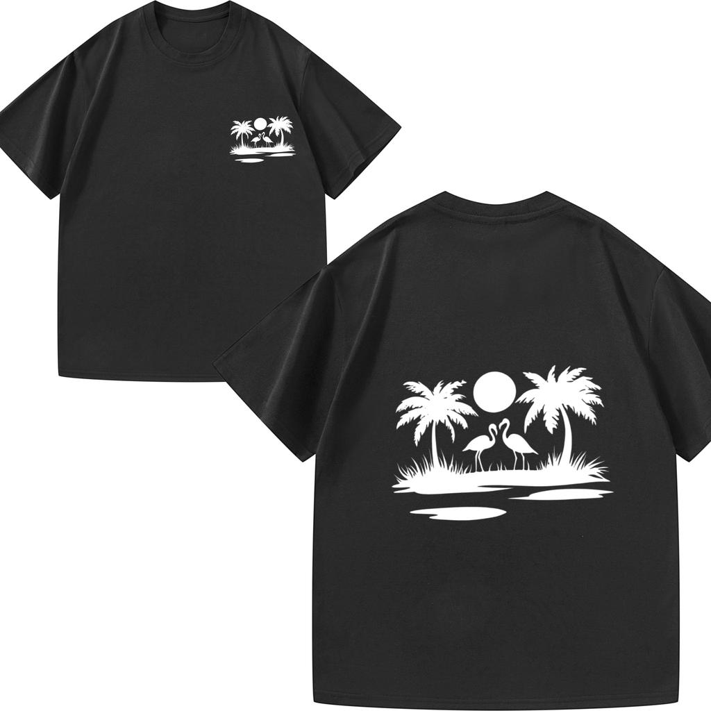 Mens Tshirt Black Tropical Palm Trees Sunset Print Casual Summer Beach Wear