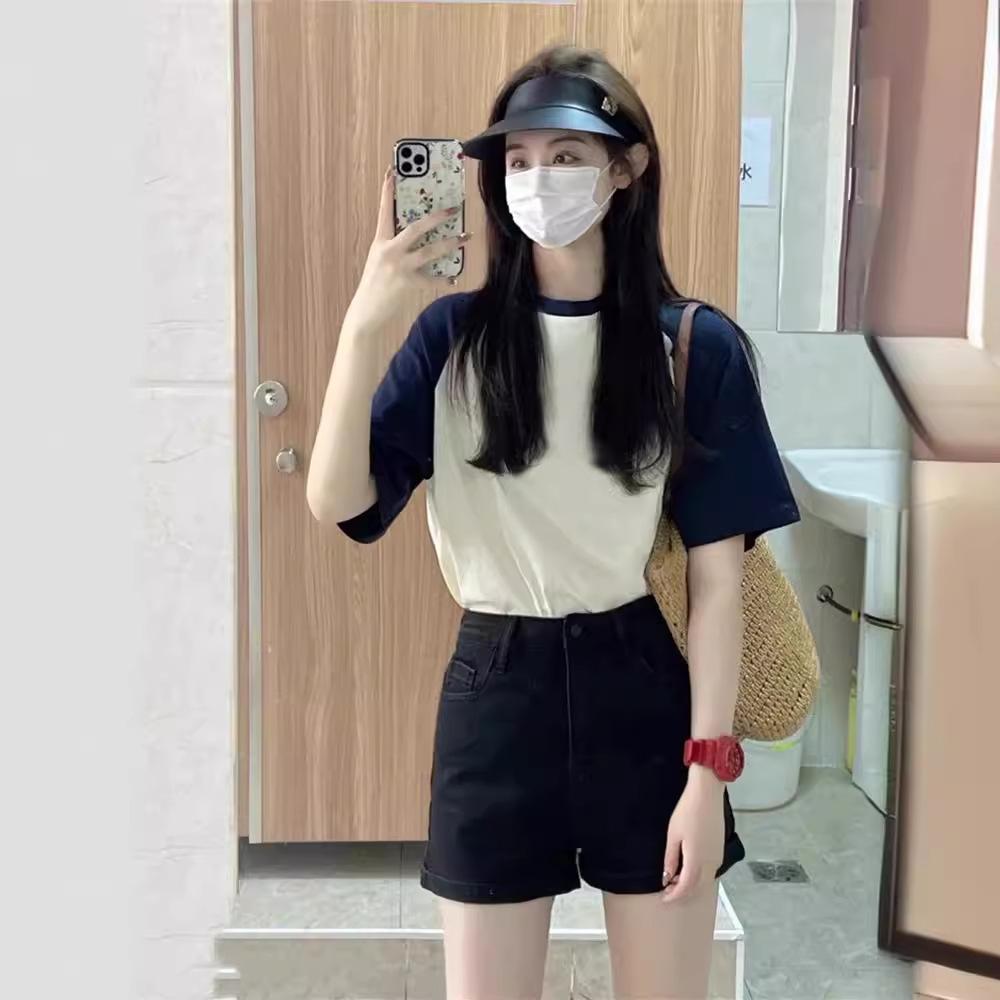 Damen Kurzarm Rundhals Farbblock Pullover T-Shirt Baumwoll Oberteil