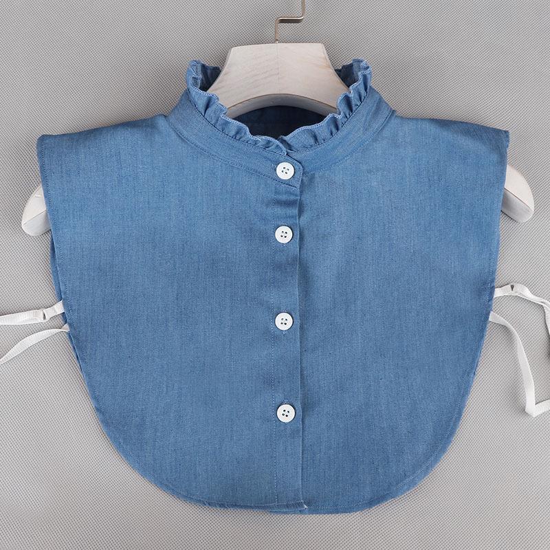 Korean Style Stand-Up Collar Denim Faux Collar Women s Pleated Shirt