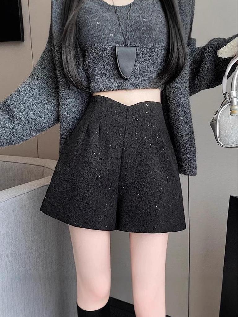Starry Sky Sequin High-Waist Wide-Leg Woolen Shorts for Petites