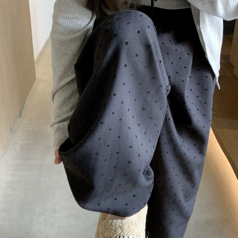 2025 Women's Khaki Polka Dot Striped Wide-Leg Pants - Spring & Autumn Relaxed Fit