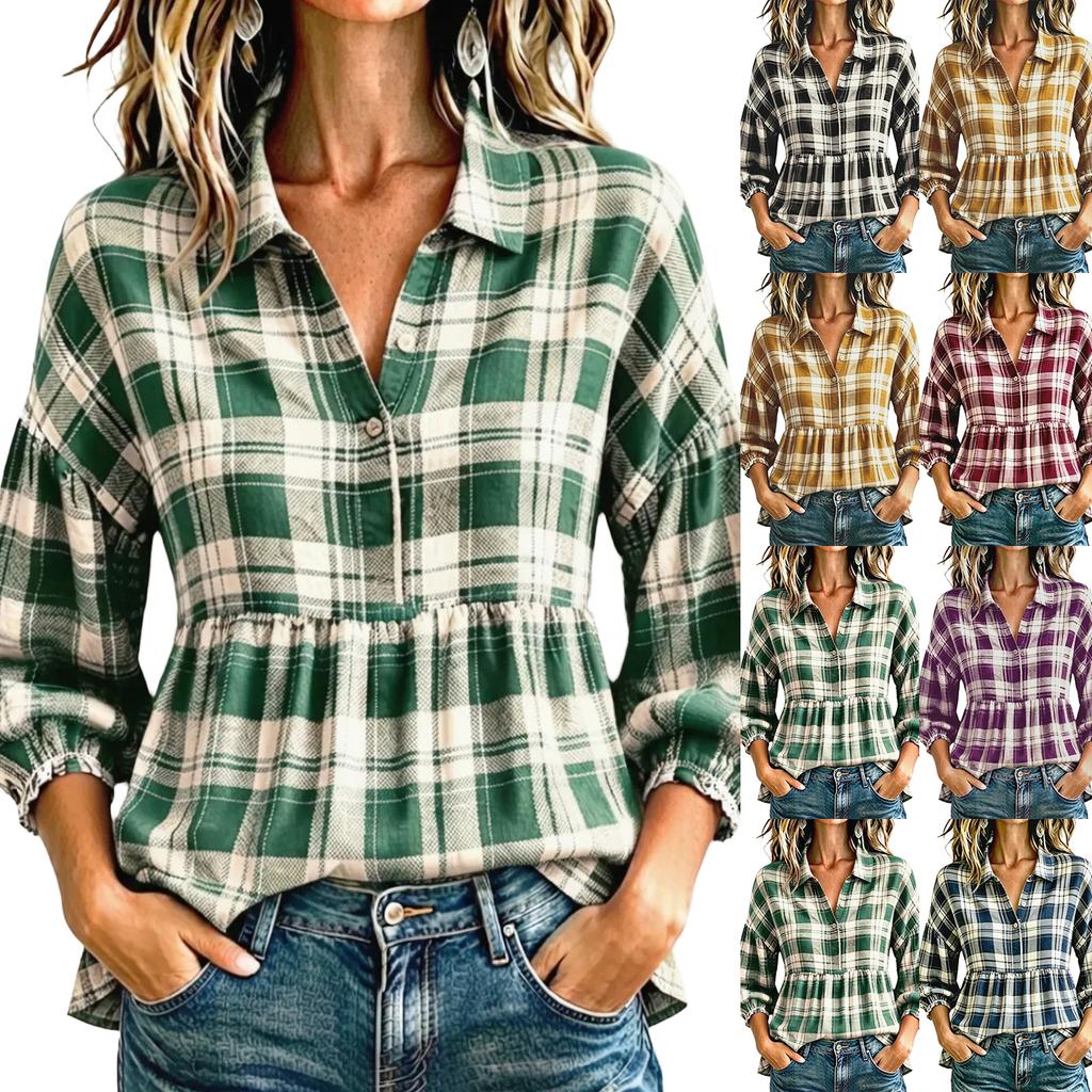 Women's Vintage Plaid Button Down Shirt Loose Fit Casual Blouse
