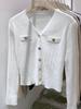 French Soild Elegant Knitted Cardigan Women Casual V-neck Base White Long Sleeved Sweater Tops Spring Autumn 2025