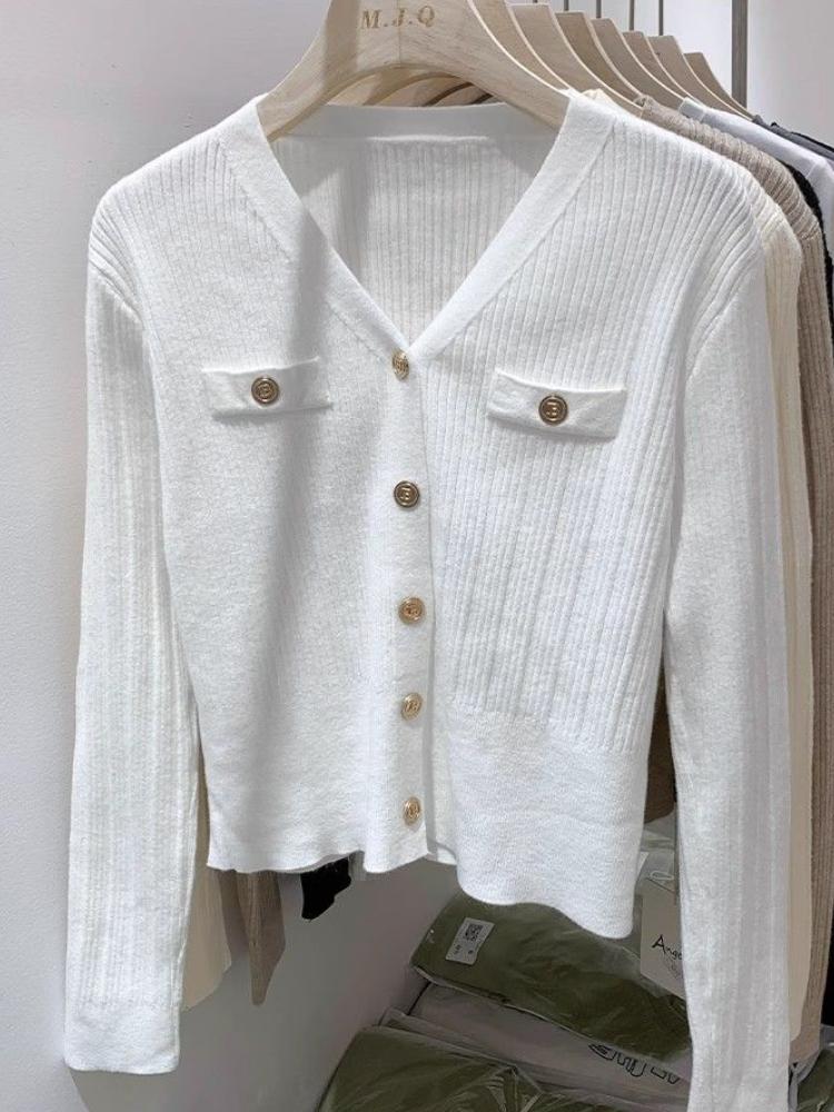 French Soild Elegant Knitted Cardigan Women Casual V-neck Base White Long Sleeved Sweater Tops Spring Autumn 2025