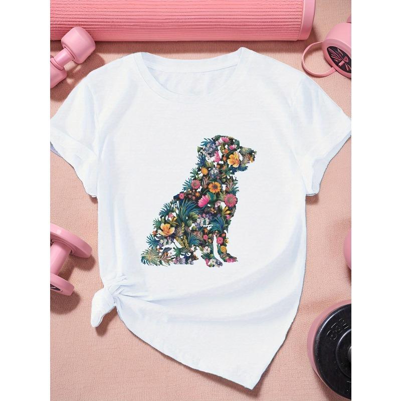 

Женская спортивная футболка с коротким рукавом, цветочный принт с силуэтом собаки, повседневный спортивный модный топ S белый