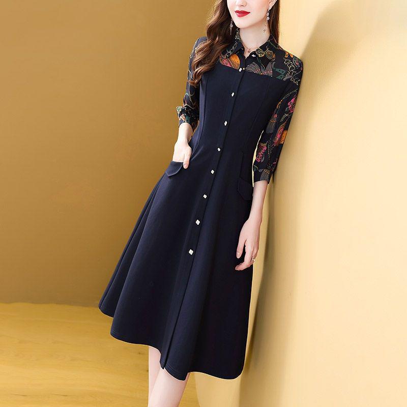 Plus Size Women's Spring/Summer Seven-Sleeve Lapel Shirt Dress - Light Mature Style, Button-Down A-Line with Patchwork Design.