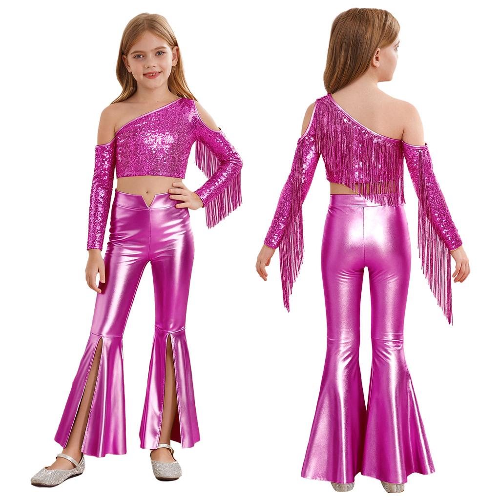 Dívčí soutěžní vystoupení kostým Jednoramenný Dlouhý rukáv Flitry Crop top s Rozparkem Zvonové kalhoty Střapce Outfit