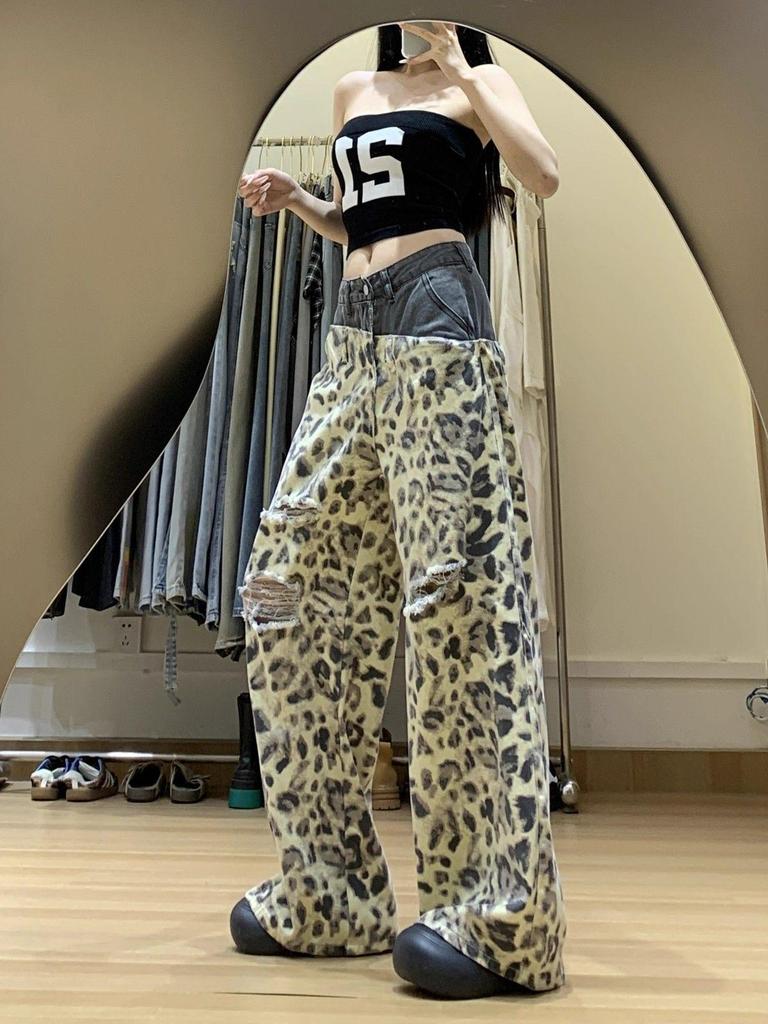 Women's Leopard Print Ripped Wide-Leg Jeans with Double Waistband - Slimming Patchwork Floor-Length for Early Autumn.