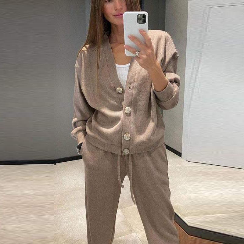 Fall and Winter New Fashion Single-breasted Casual Sports Suit Cardigan Top Lace-up Pants Two-piece Women's Clothing