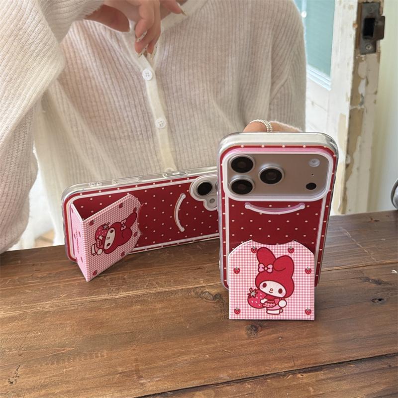 Aesthetic Red Strawberry My Melody Phone Case For iPhone 17 16 15 14 Pro Max Cute Polka Dot Gingham Stand Protective Cover for W