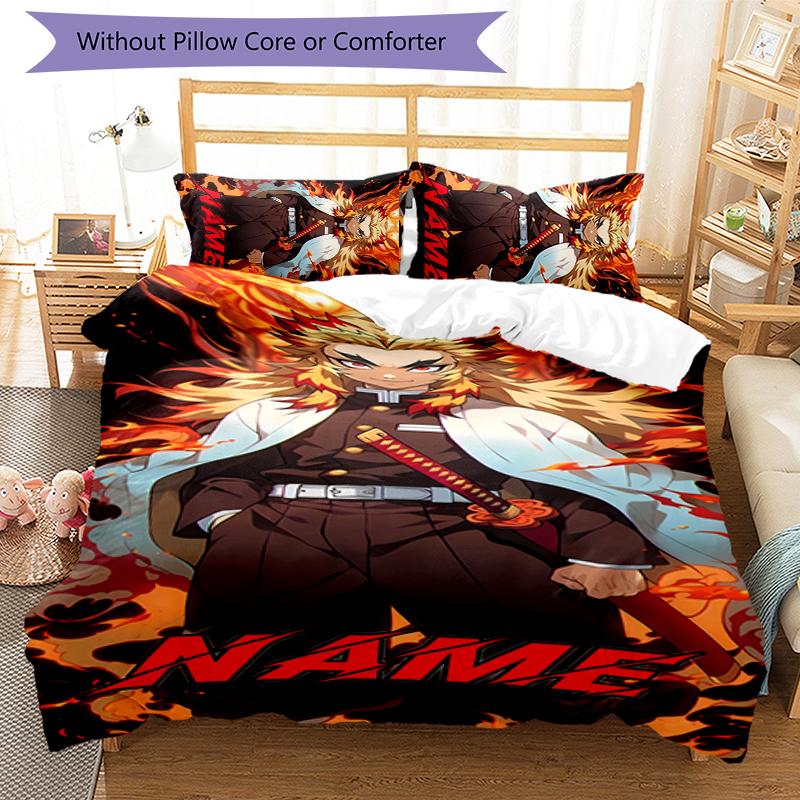 3pcs Custom Name Demon Slayer Character Theme Bedding Set Duvet Cover Closure Includes 1 Duvet Cover & 2 Pillowcases for All Seasons Bedroom Decor