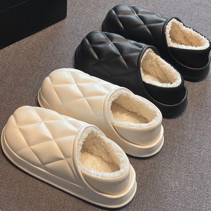 Women's Winter Heeled Cotton Slippers Plush Outdoor Shoes Men's Thick-Soled Soft Home Slippers