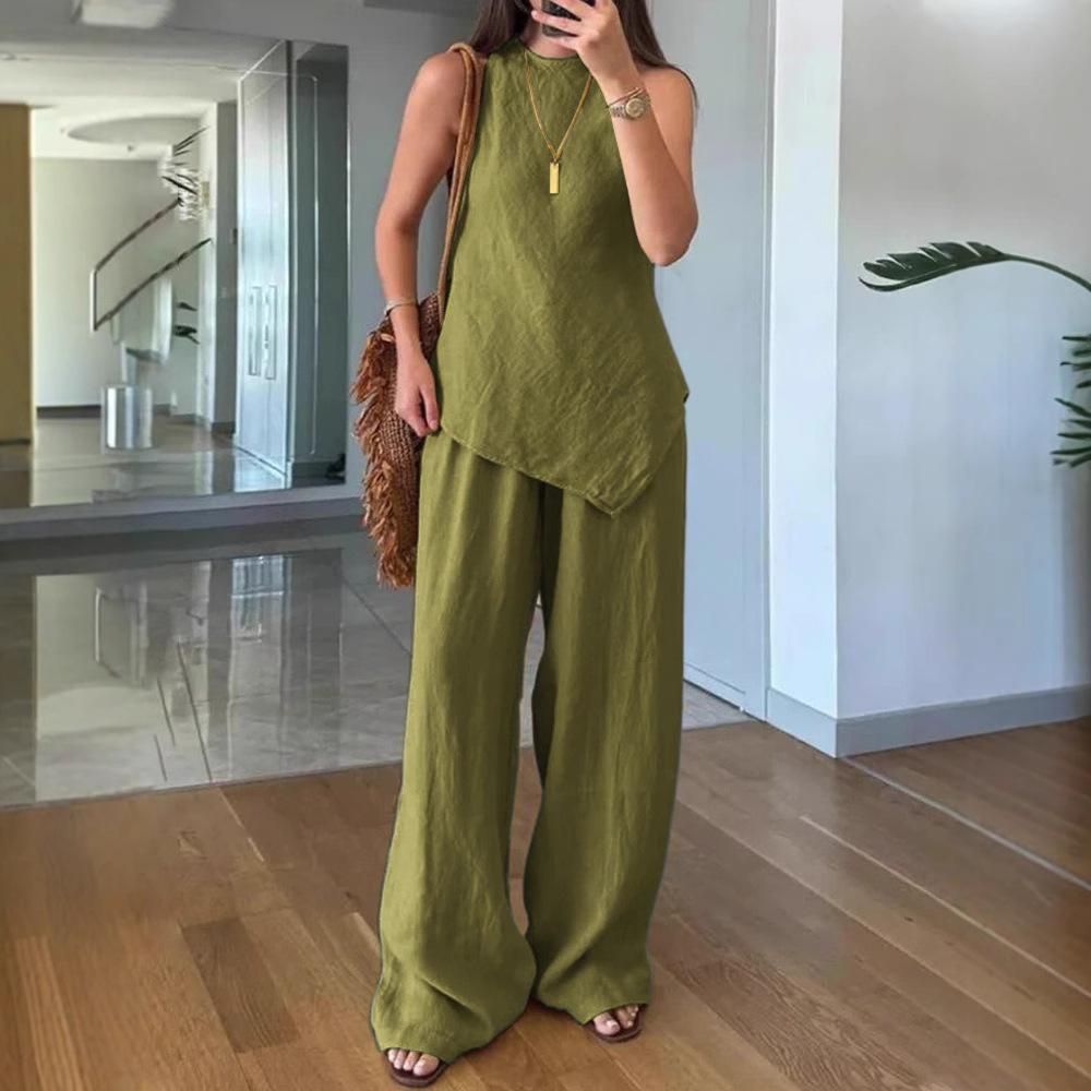 Ensemble Top Sans Manches et Pantalon Large pour Femme en 6 Couleurs