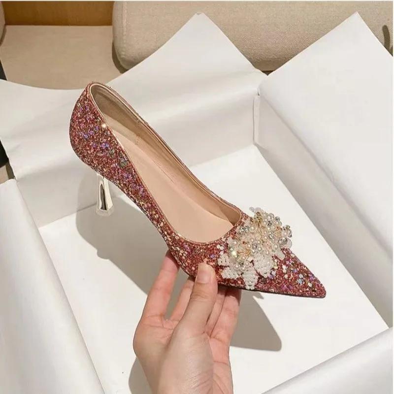 Women's Fashion Slim Heel Shoes Fall New Pointy Head Shallow Mouth Sequin Cloth Flower Slip-on High-heeled Wedding Shoes