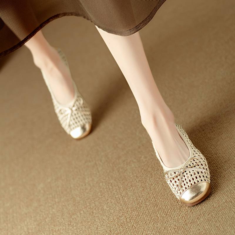 Krazing Pot Cow Skin Weaving Summer Size 41 Low Heels Party Shoes Women Square Toe Gladiator Butterfly-knot Hollow Out Pumps