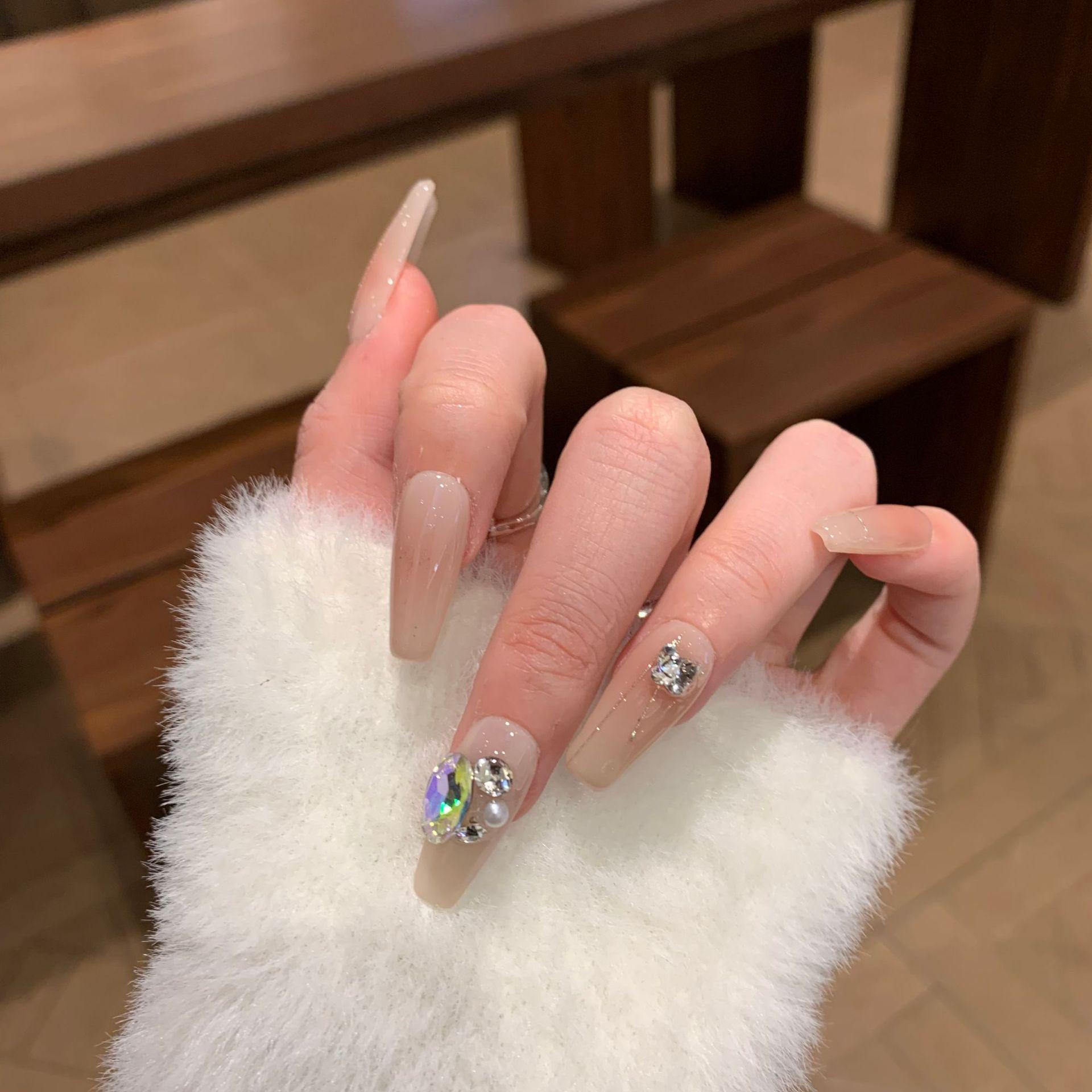 

Handmade Dusty Rose Rhinestone Long Nail Art with Diamond Embellishments Extra Small