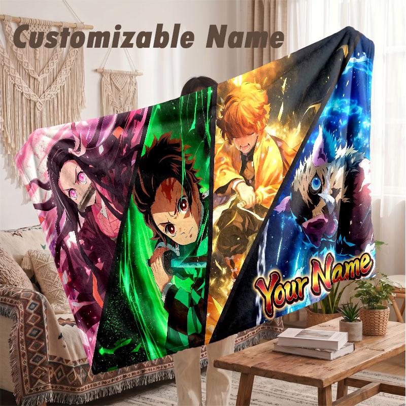 Custom Name Flannel Blanket,Demon Slayer Lightweight Warm Bed Blanket For Couch & Holiday Gift