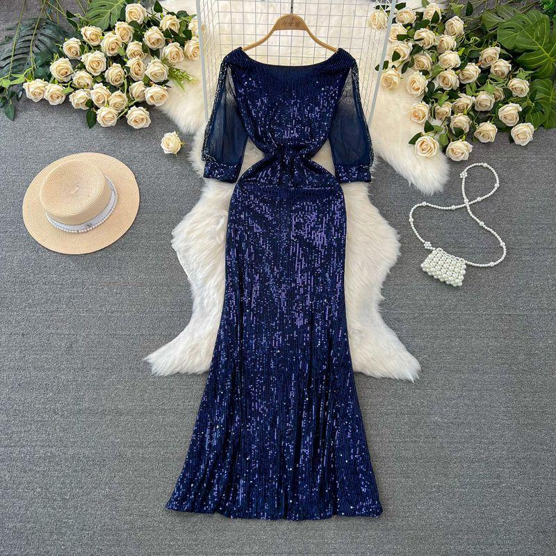 

Банкет Элеганс Платье с пайетками Королева круглый вырез Рыбий хвост Dark Blue L