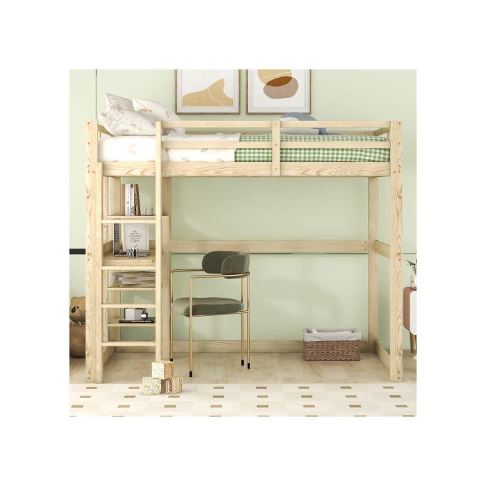 Lit surélevé - MUVOE - 140 x 200 cm - Bois massif - 4 compartiments de rangement - Bureau intégré