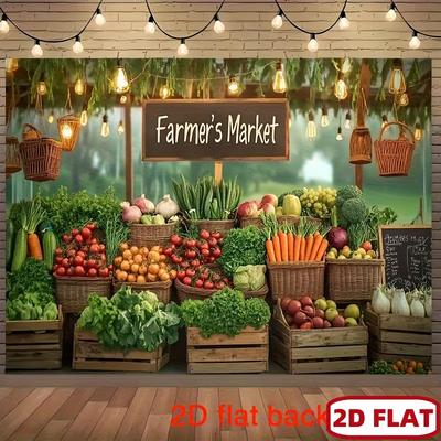 2D Rustic Market Tapestry, Farm Fresh Produce Stall with Lights for Party Decor