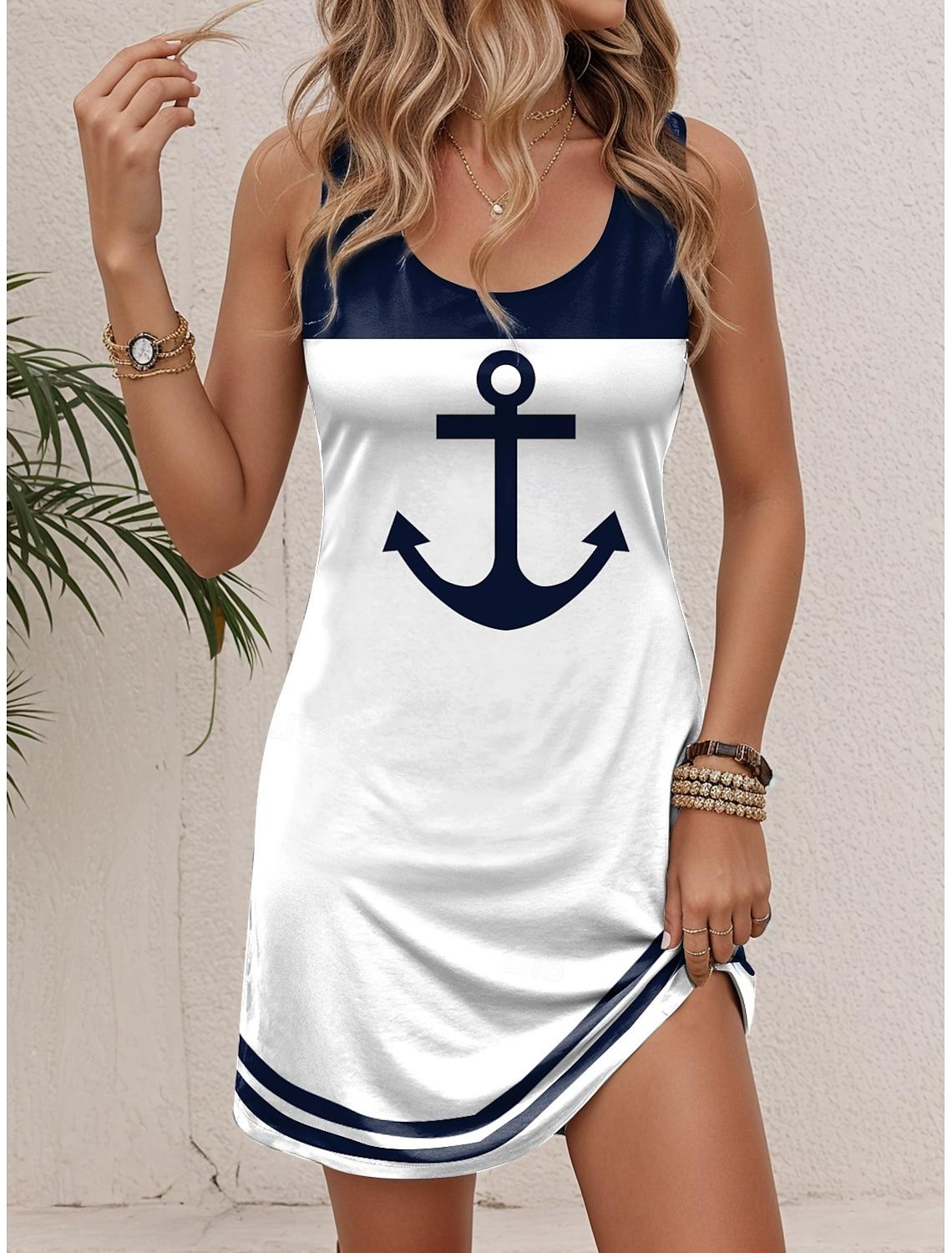 

Women s Sleeveless Crew Neck Tank A-Line Mini Dress White Red Blue, Loose Casual Summer Beach Vacation Daily Dress L