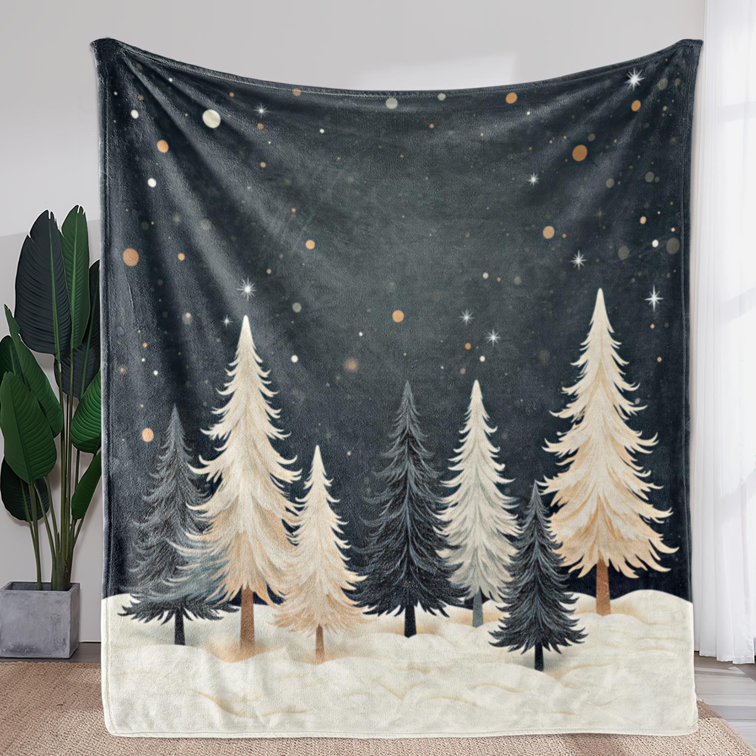 

1pc A starry sky pine tree and snow scene patterned blanket machine washable polyester suitable for bedrooms and living rooms 75x100cm