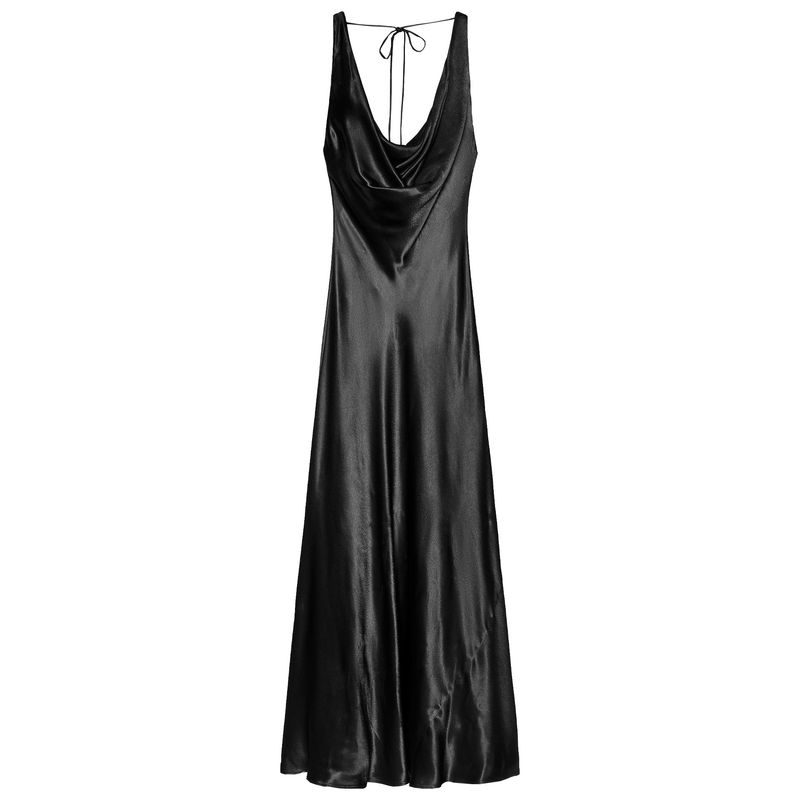 

Zaprha 2025 Summer New All-Match Silk Satin Texture Drape V-neck Wide Shoulder with a Length of Dress 2590934 Black L