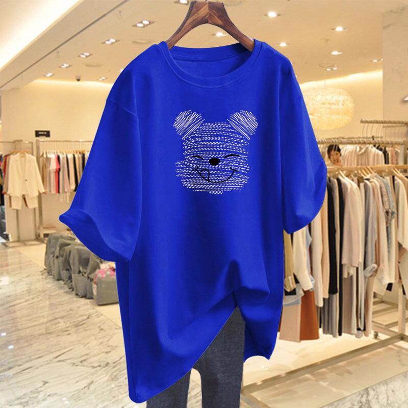 Women's Summer Loose Fit Cartoon Bear T-Shirt - Mid-Length, Round Neck, Short Sleeve, Versatile, Trendy Casual Style.