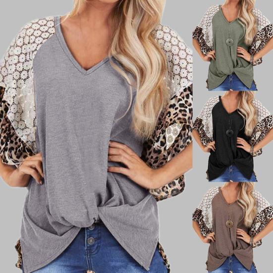 

Женская свободная футболка с леопардовым принтом и V-образным вырезом, рукавами 3/4 и узлом