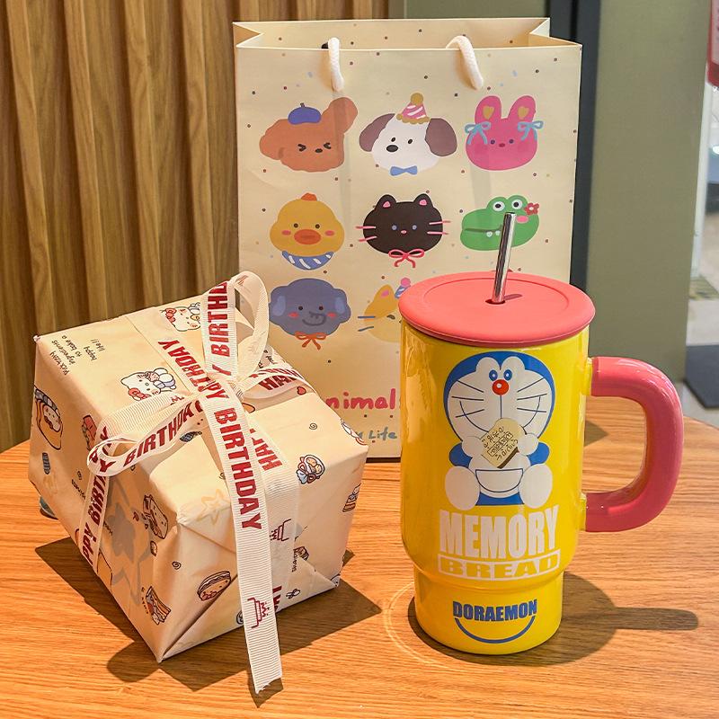 Birthday gift for girls, high-value Bingba cup, ceramic mug with lid straw cup as a gift
