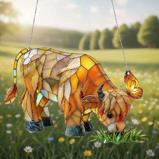 Highland Cow Butterfly Suncatcher Decoration Indoor Outdoor Garden Yard Window Wall Hanging 2D Acrylic Stained Glass Ornament